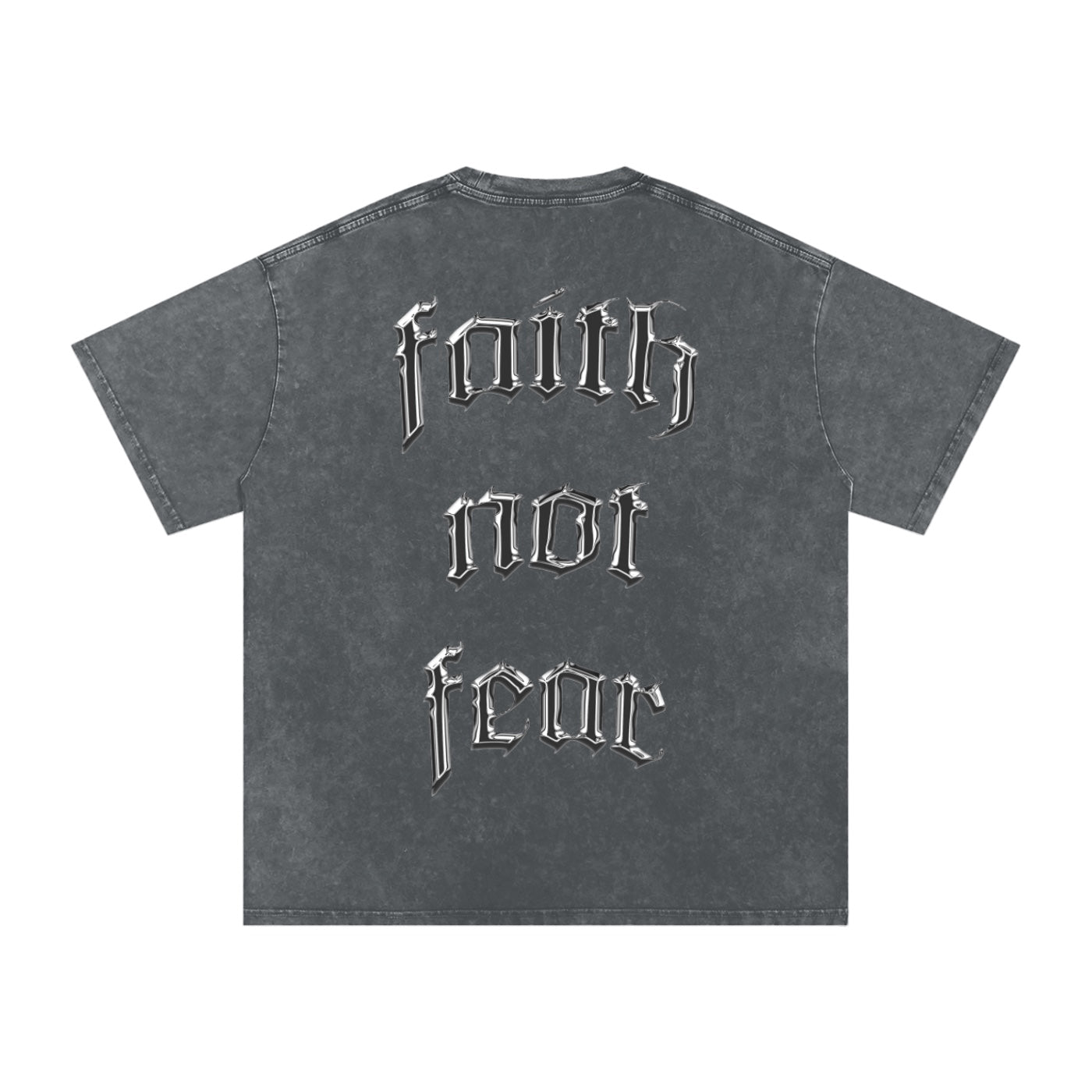 Foundation oversized charcoal washed cotton t-shirt with "Faith Not Fear" graphic print on back.