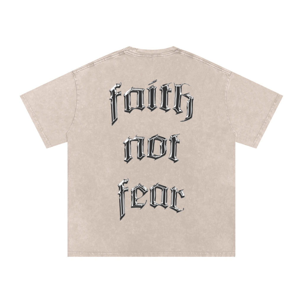 Foundation oversized beige cotton t-shirt with "faith not fear" graphic print on back.