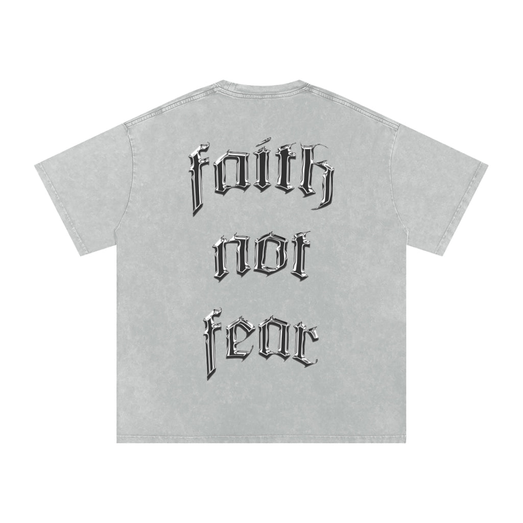 Foundation oversized grey washed cotton t-shirt with "Faith Not Fear" graphic print on back.