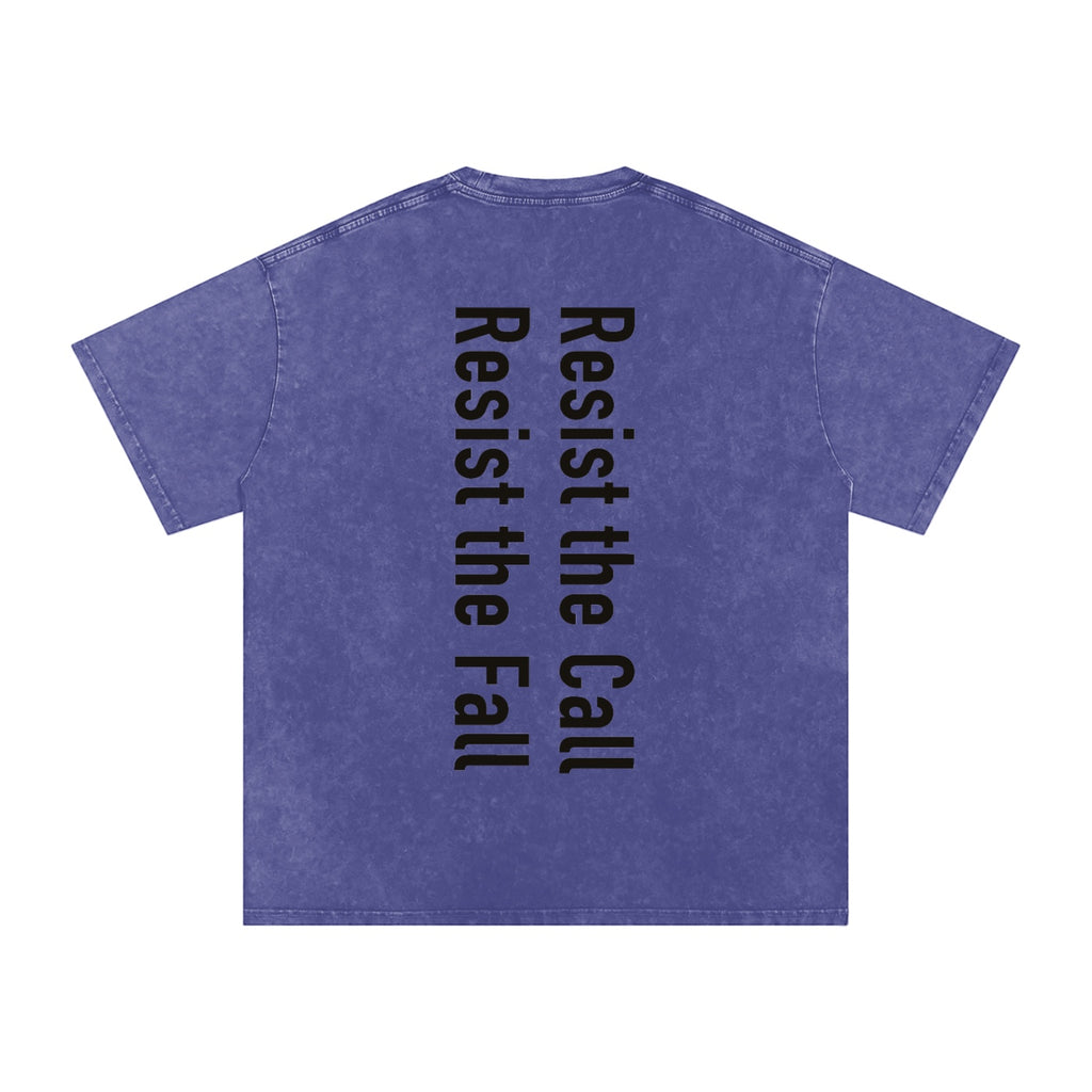 Foundation oversized washed purple cotton t-shirt with vertical black text graphic on back reading 'Resist the Call Resist the Fall'.
