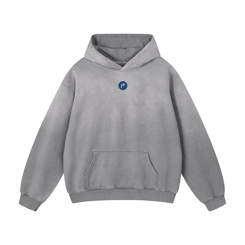 Foundation oversized grey fleece hoodie with a small blue logo on the chest. Features a relaxed fit and soft interior.