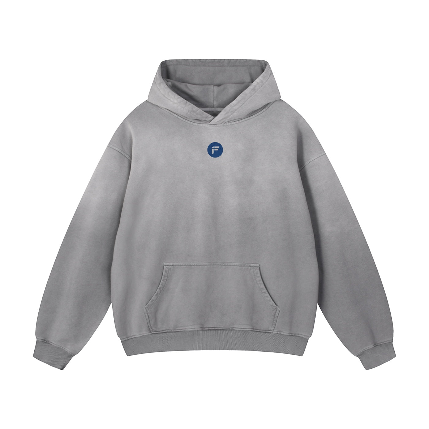 Foundation oversized grey fleece hoodie with a small blue logo on the chest. Features a relaxed fit and soft interior.