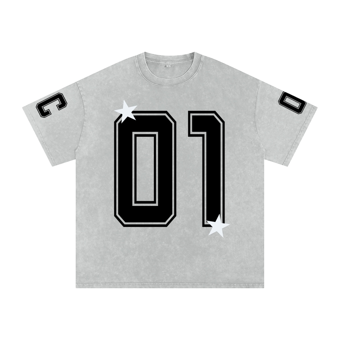 Foundation oversized grey washed cotton t-shirt with black collegiate '01' graphic and white stars.