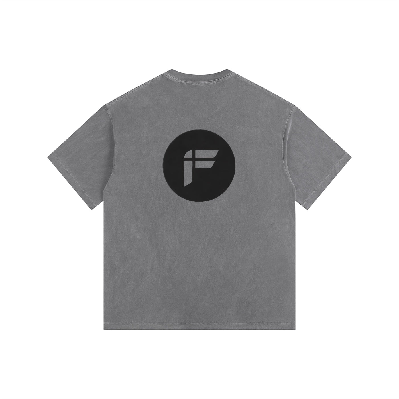 Foundation. oversized grey t-shirt with black circular logo on back. Cotton blend.