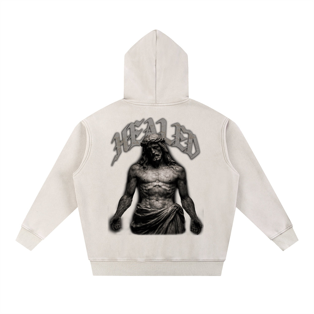 Foundation oversized cream cotton blend hoodie with Jesus graphic and HEALED text on back. Vintage washed finish.