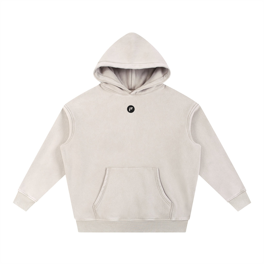 Foundation oversized beige cotton blend hoodie with vintage wash and small black logo on chest.
