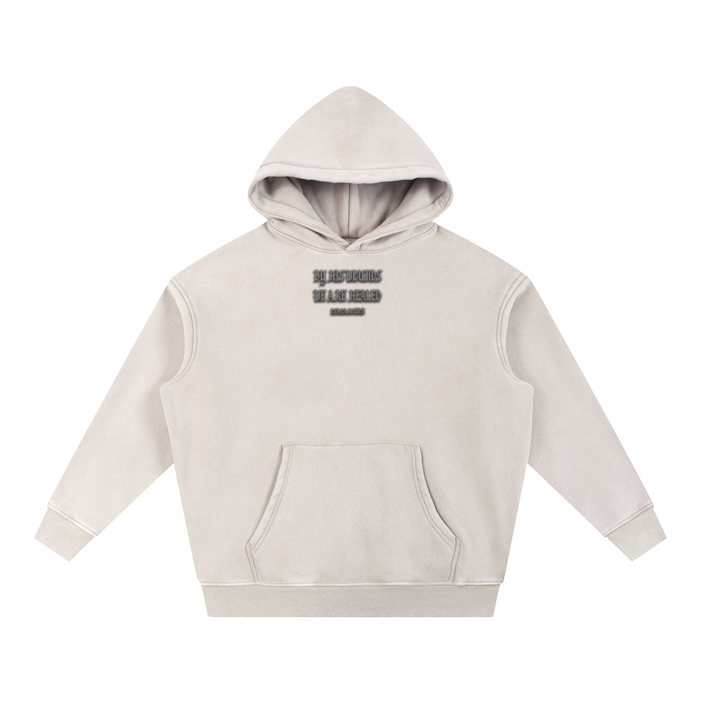 Foundation oversized beige washed cotton blend hoodie with front scripture detail and large back graphic. Isaiah 53:5.