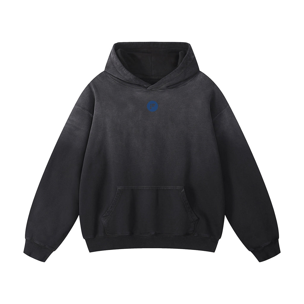 Foundation MARK 4:39 oversized charcoal grey fleece hoodie with blue logo on chest and front pocket.