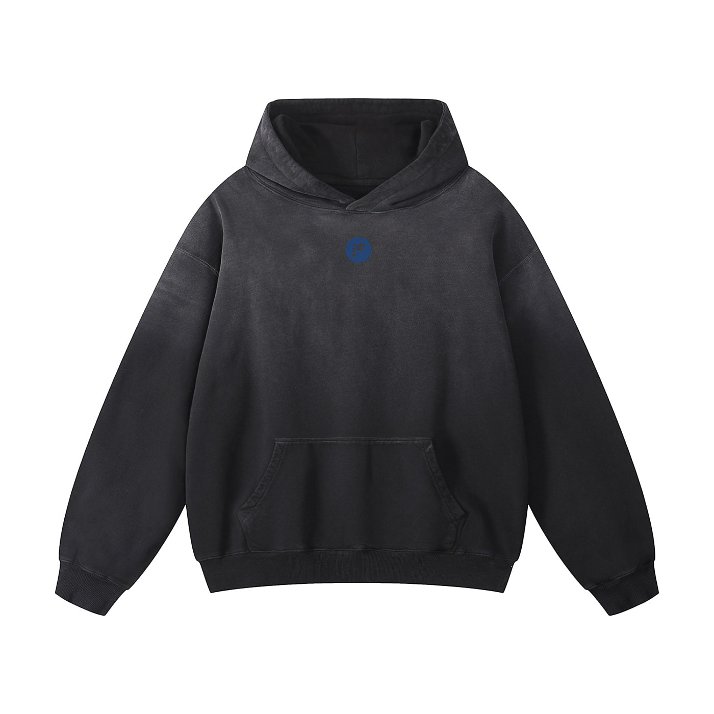Foundation MARK 4:39 oversized charcoal grey fleece hoodie with blue logo on chest and front pocket.