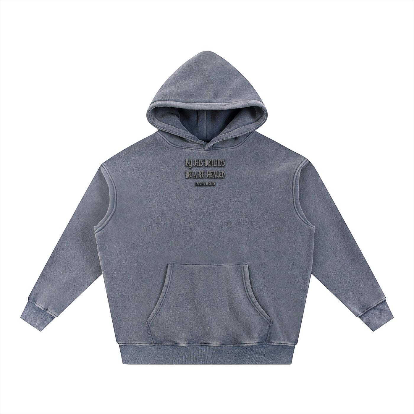 Foundation oversized washed grey cotton blend hoodie with embroidered scripture on front and large graphic on back.