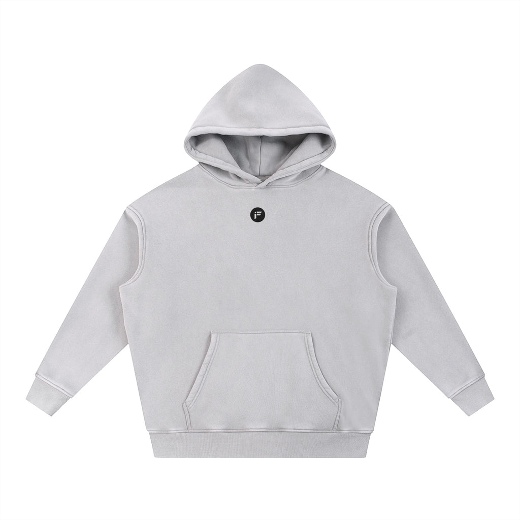 Foundation oversized grey cotton blend hoodie with vintage wash and small chest logo. Features a front pouch pocket.
