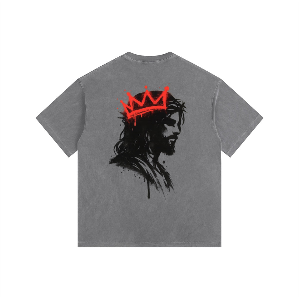 Foundation oversized washed grey t-shirt with a graphic of Jesus wearing a red crown and a black spray-paint style portrait.