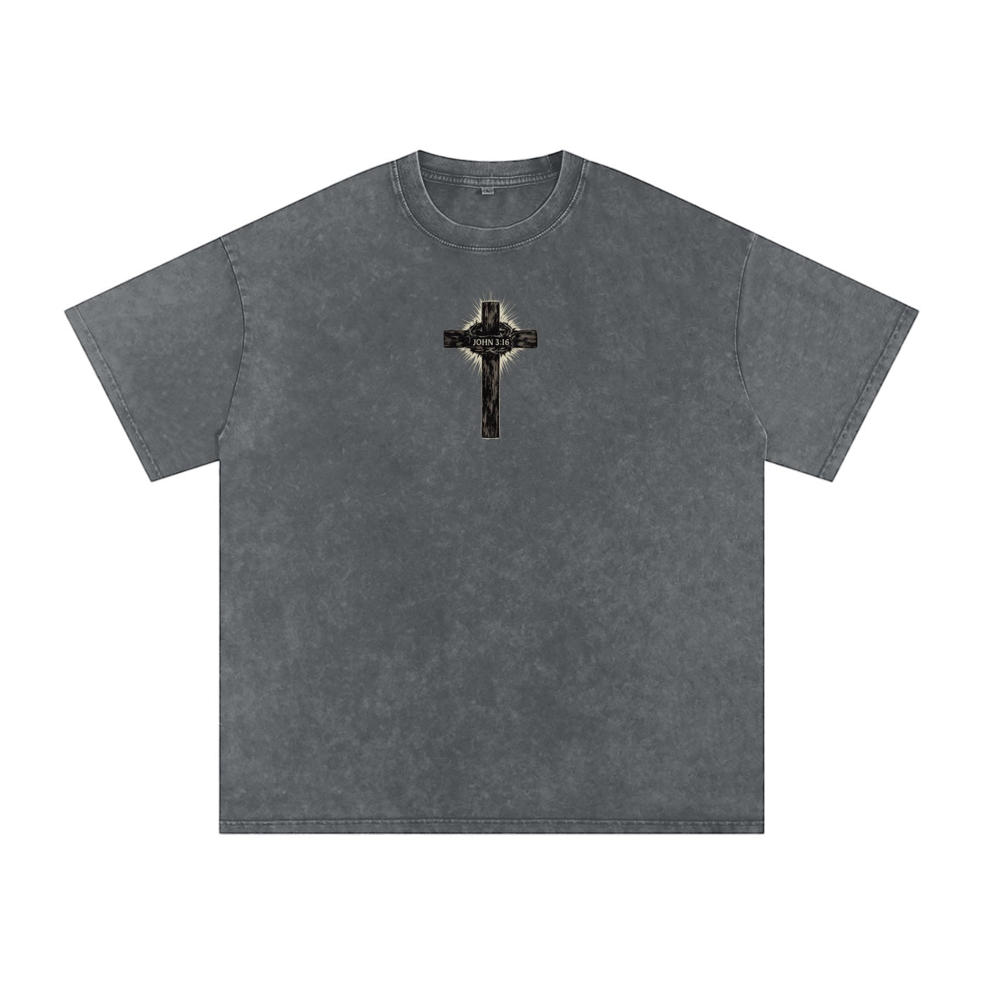 Foundation. Oversized charcoal acid-wash t-shirt with a distressed cross graphic and "JOHN 3:16" text.