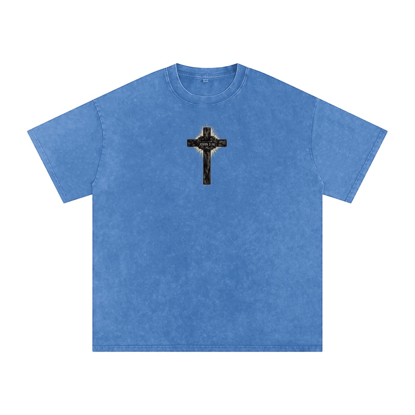 Foundation. Oversized blue acid-wash cotton t-shirt with a black cross graphic featuring "JOHN 3:16" text.