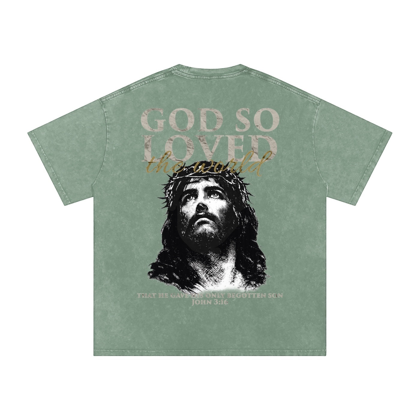 Foundation. Oversized acid-wash t-shirt with a vintage look, featuring a Christ graphic and John 3:16 scripture on the back.