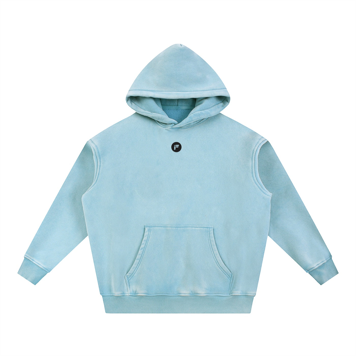 Foundation oversized light blue washed cotton blend hoodie with front pocket and black logo on chest.