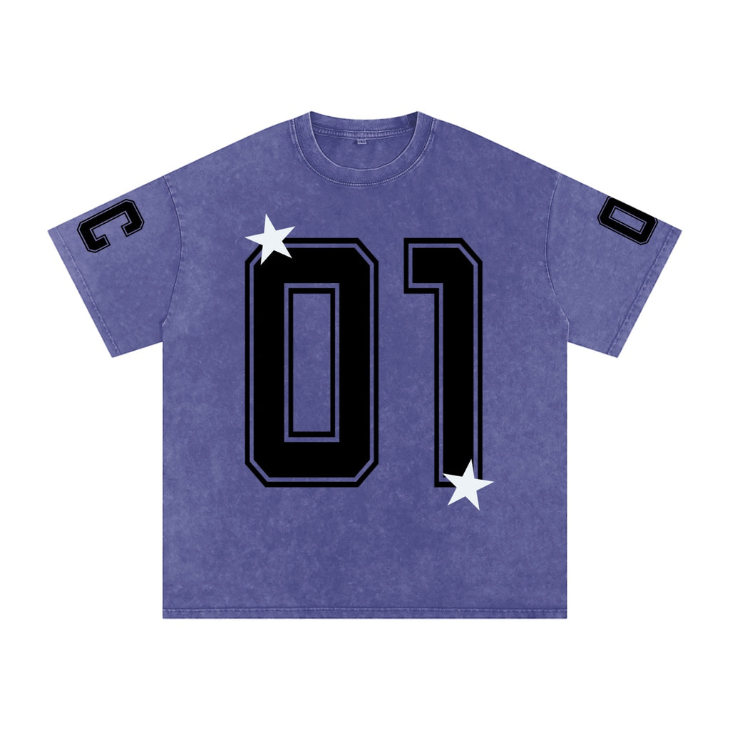 Foundation oversized purple washed cotton t-shirt with black collegiate '01' graphic and white stars.