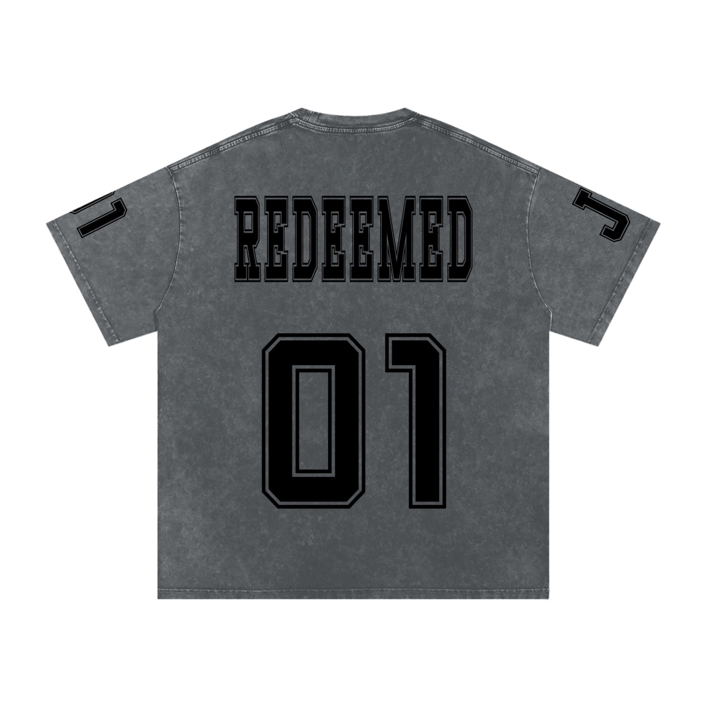 Foundation oversized charcoal cotton t-shirt with "REDEEMED" graphic on back and "01" number.