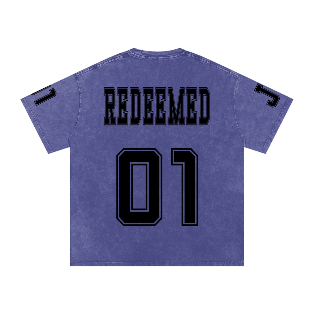 Foundation oversized purple cotton t-shirt with black collegiate-style 'REDEEMED' graphic and '01' on back.