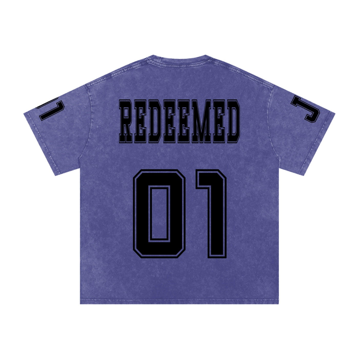 Foundation oversized purple cotton t-shirt with black collegiate-style 'REDEEMED' graphic and '01' on back.