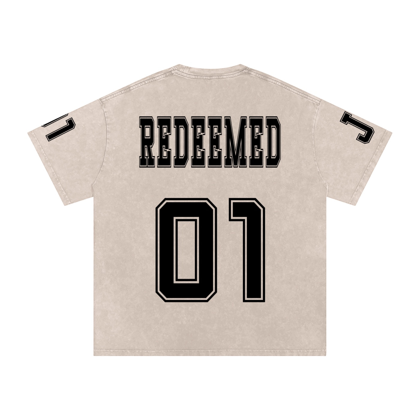 Foundation oversized washed cotton t-shirt with "REDEEMED" and "01" graphic print. Features collegiate-style lettering and vintage feel.