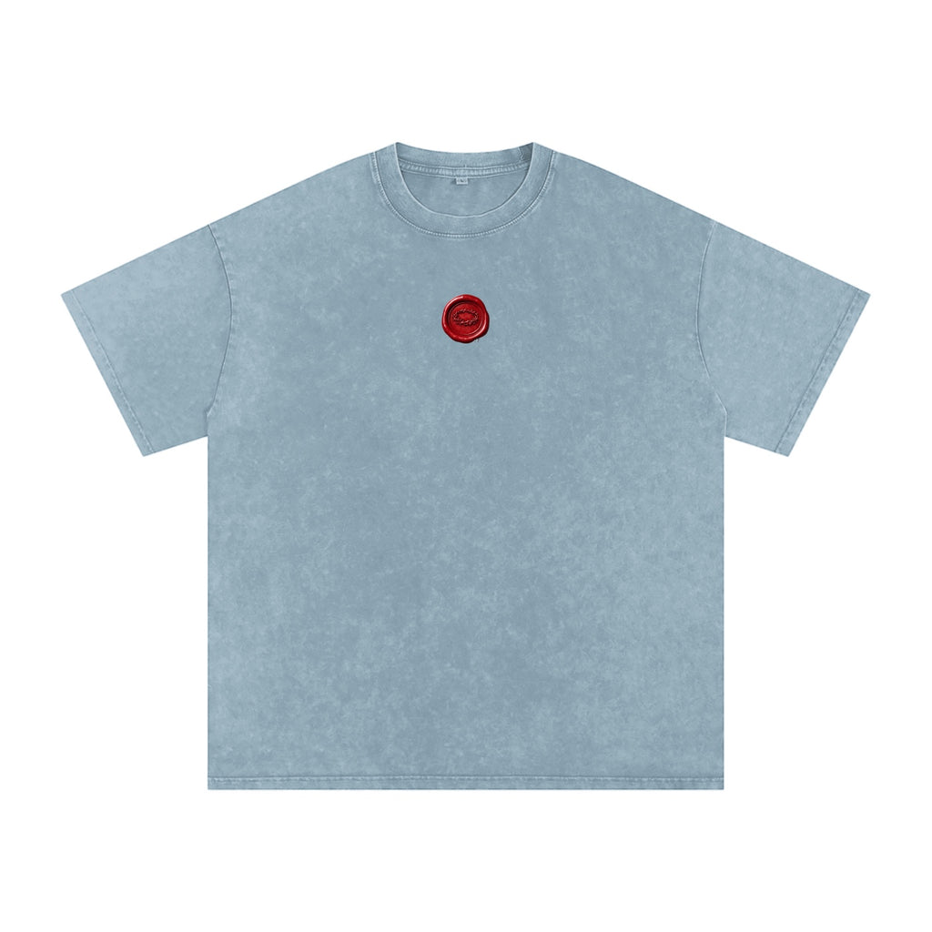 Foundation oversized vintage-washed cotton t-shirt in light blue with a red wax seal graphic on the chest.