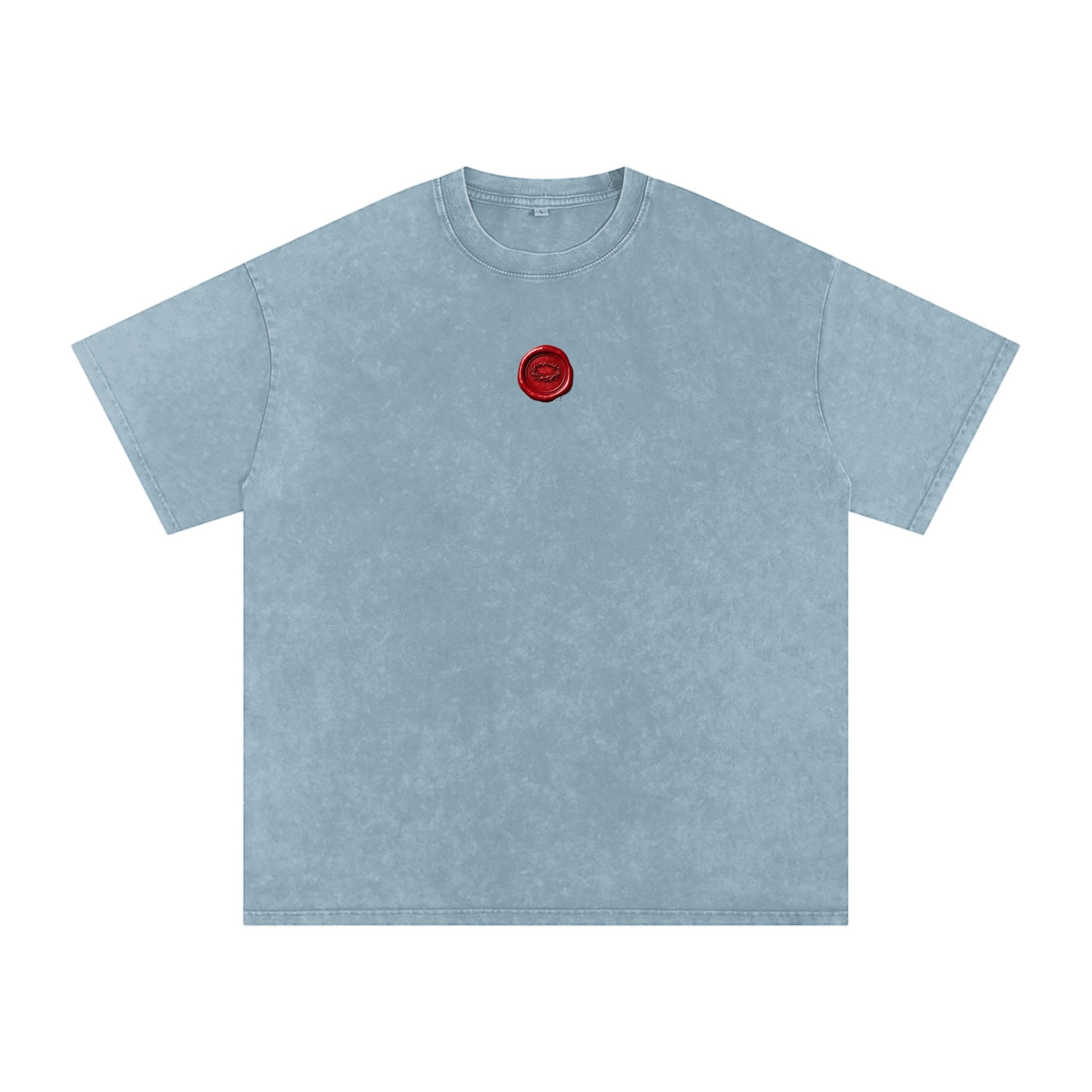 Foundation oversized vintage-washed cotton t-shirt in light blue with a red wax seal graphic on the chest.