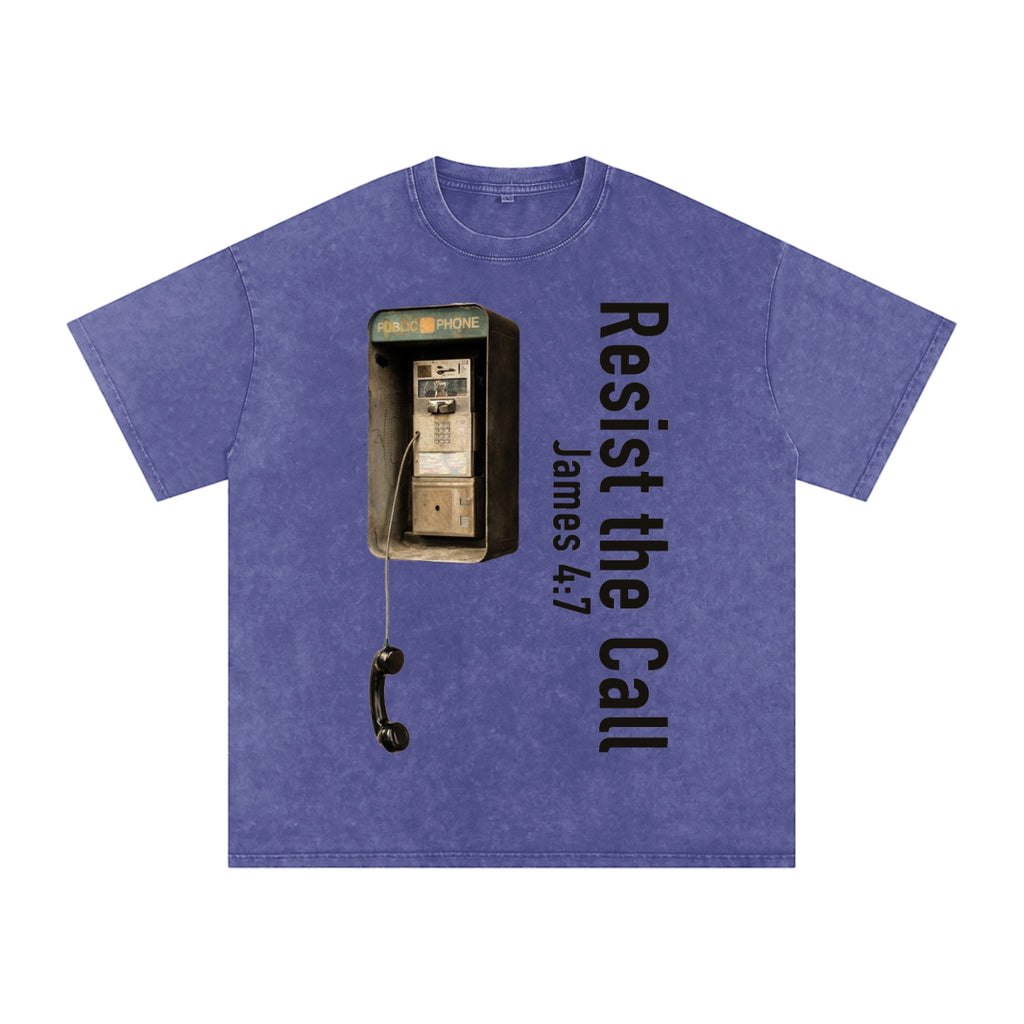 Foundation oversized t-shirt in purple washed cotton with a graphic of a payphone and text reading "Resist the Call James 4:7".