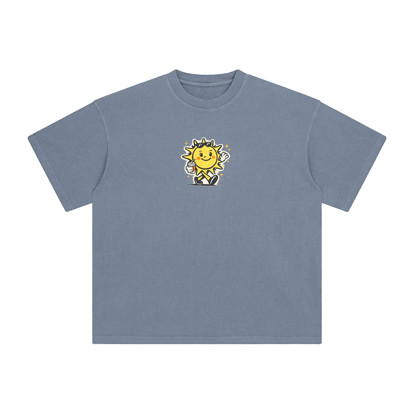 Foundation oversized t-shirt in slate blue, made of premium cotton with a vintage wash. Features a graphic of a smiling sun character holding a coffee cup.