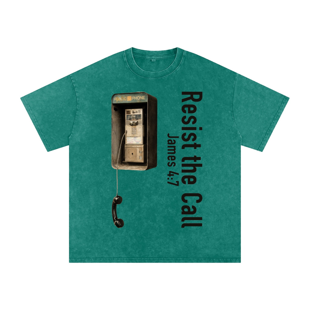 Foundation oversized teal washed cotton t-shirt with a vintage payphone graphic and vertical text reading "Resist the Call James 4:7".