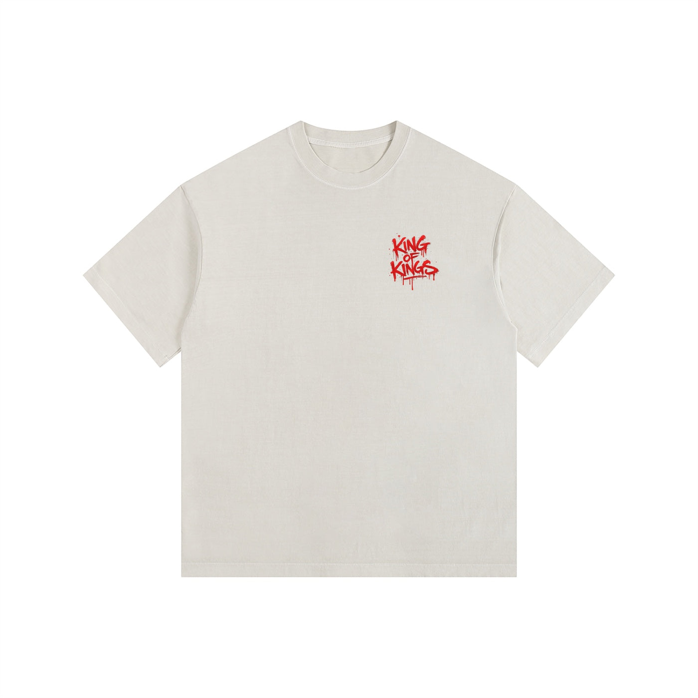 Foundation oversized washed tee in off-white with red "King of Kings" graphic on the front.