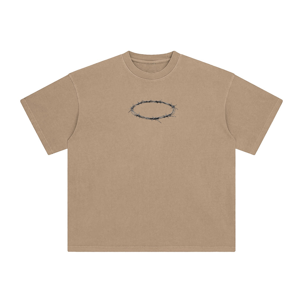 Foundation oversized beige cotton t-shirt with a barbed wire crown graphic on the chest.