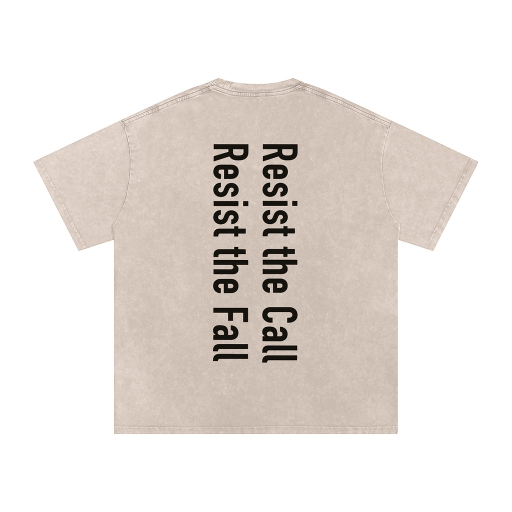 Foundation oversized washed cotton t-shirt in beige with black vertical text graphic on back: Resist the Call Resist the Fall.