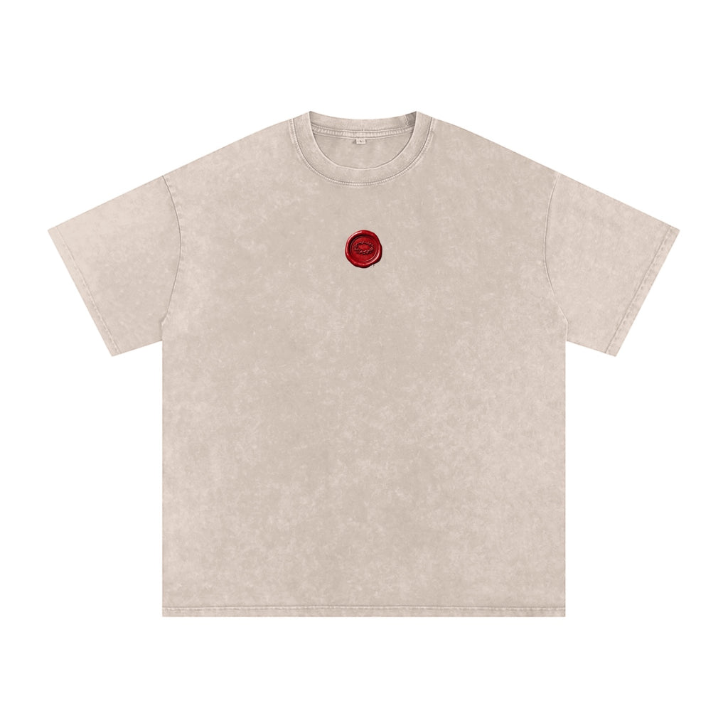 Foundation oversized vintage-washed cotton t-shirt in beige with a red wax seal graphic on the chest.