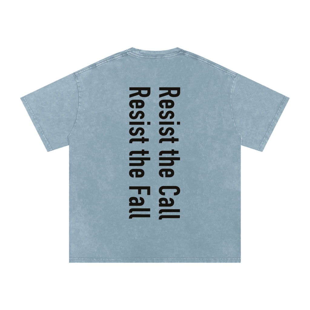 Foundation oversized washed blue cotton t-shirt with vertical black text 'Resist the Call Resist the Fall' on the back.