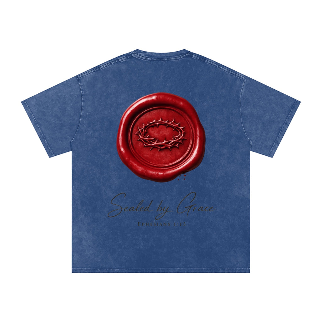 Foundation blue washed cotton oversized t-shirt with a red wax seal graphic and