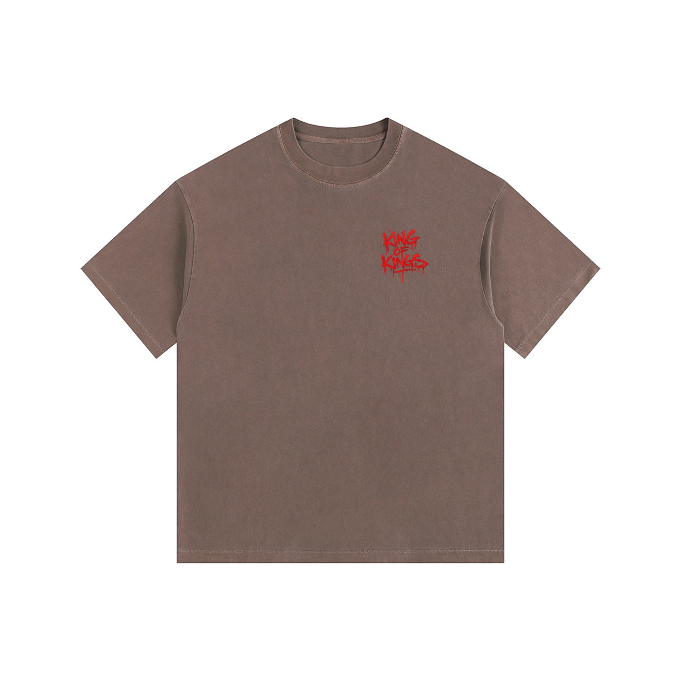 Foundation oversized washed brown t-shirt with red "King of Kings" graphic on front.