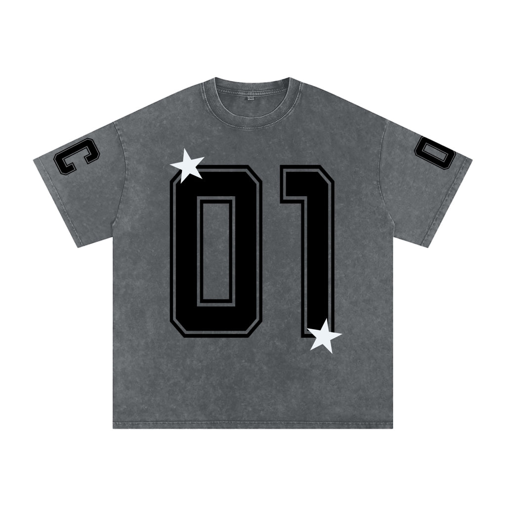 Foundation oversized charcoal grey cotton t-shirt with black '01' graphic and white stars. Washed finish.
