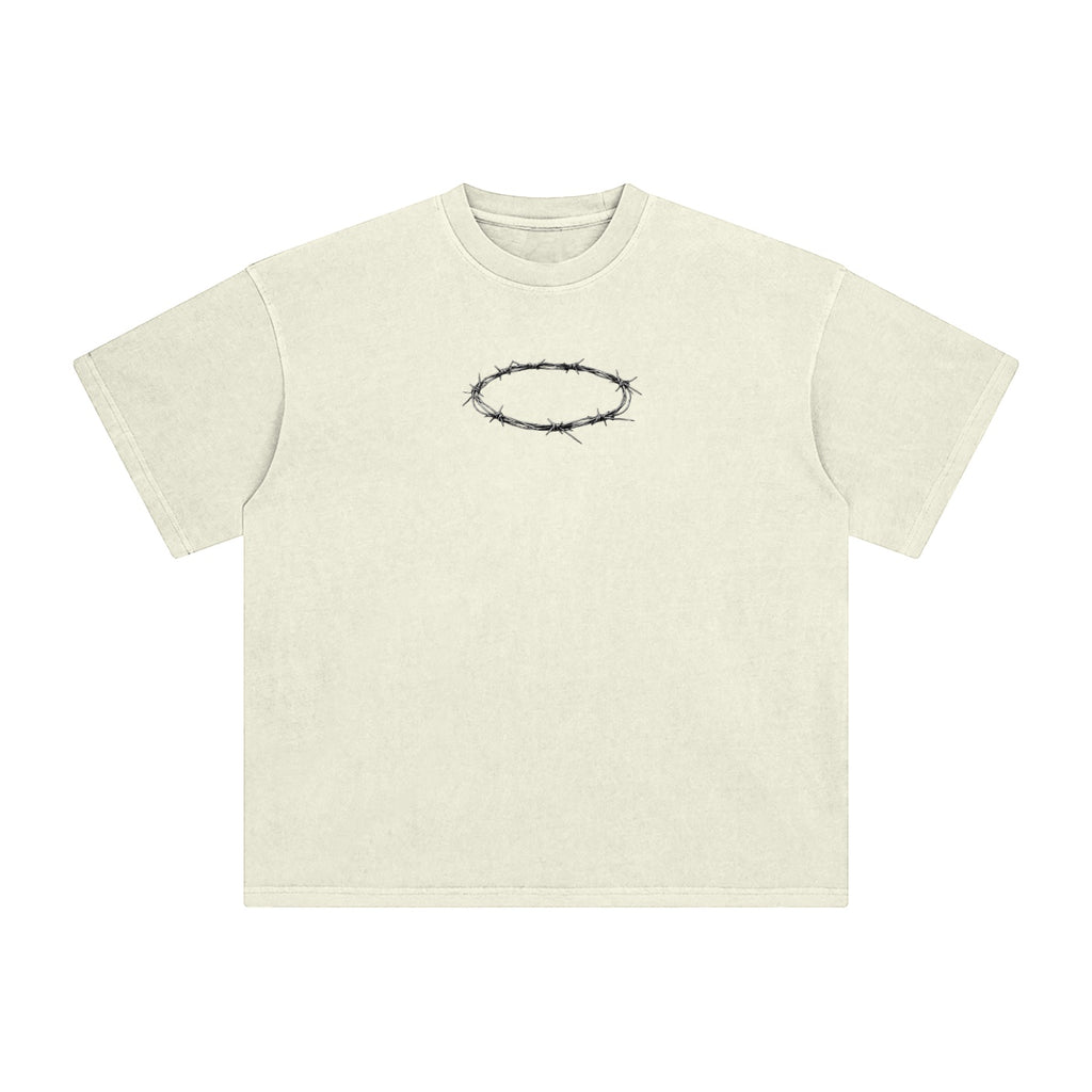 Foundation oversized cream cotton t-shirt with a black barbed wire crown graphic on the chest.