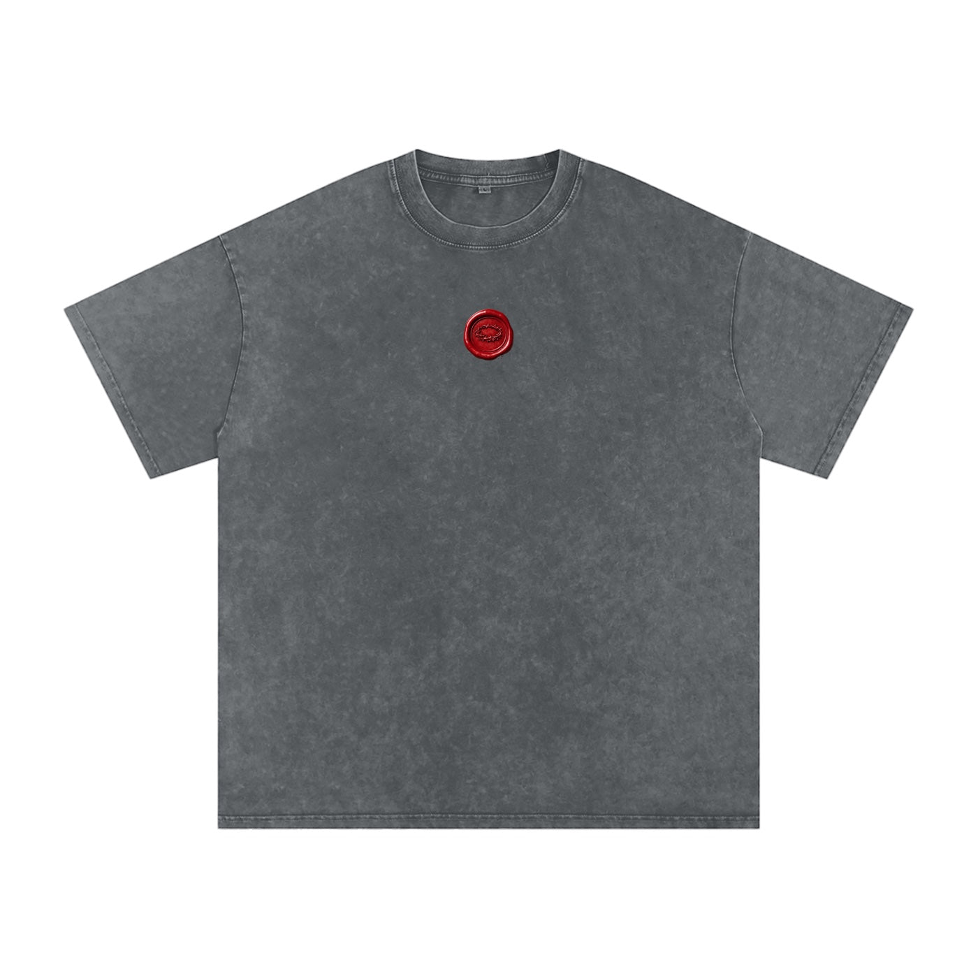 Foundation dark grey vintage wash oversized cotton t-shirt with red wax seal graphic on chest.