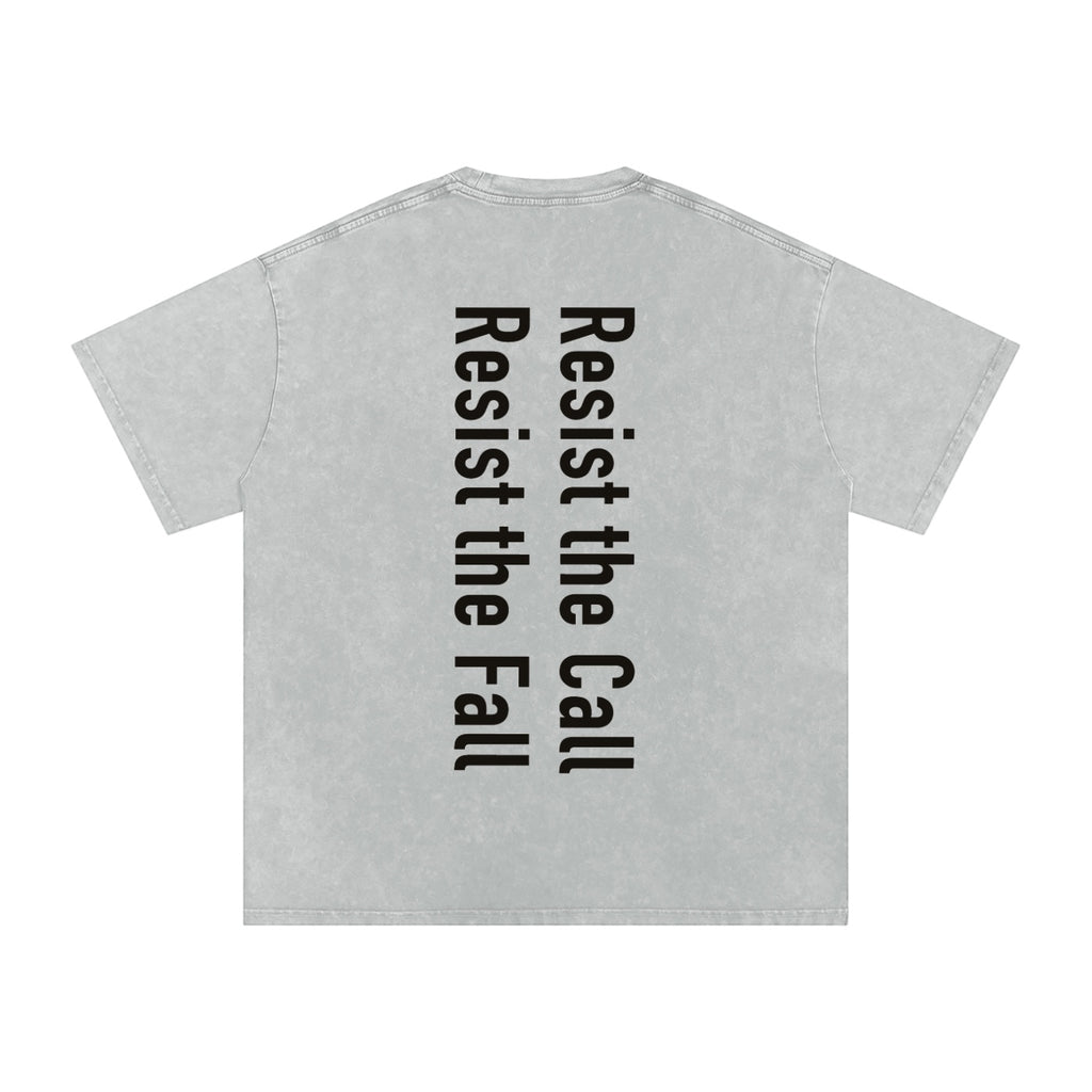 Foundation oversized washed grey cotton t-shirt with black vertical text graphic on back reading "Resist the Call Resist the Fall"