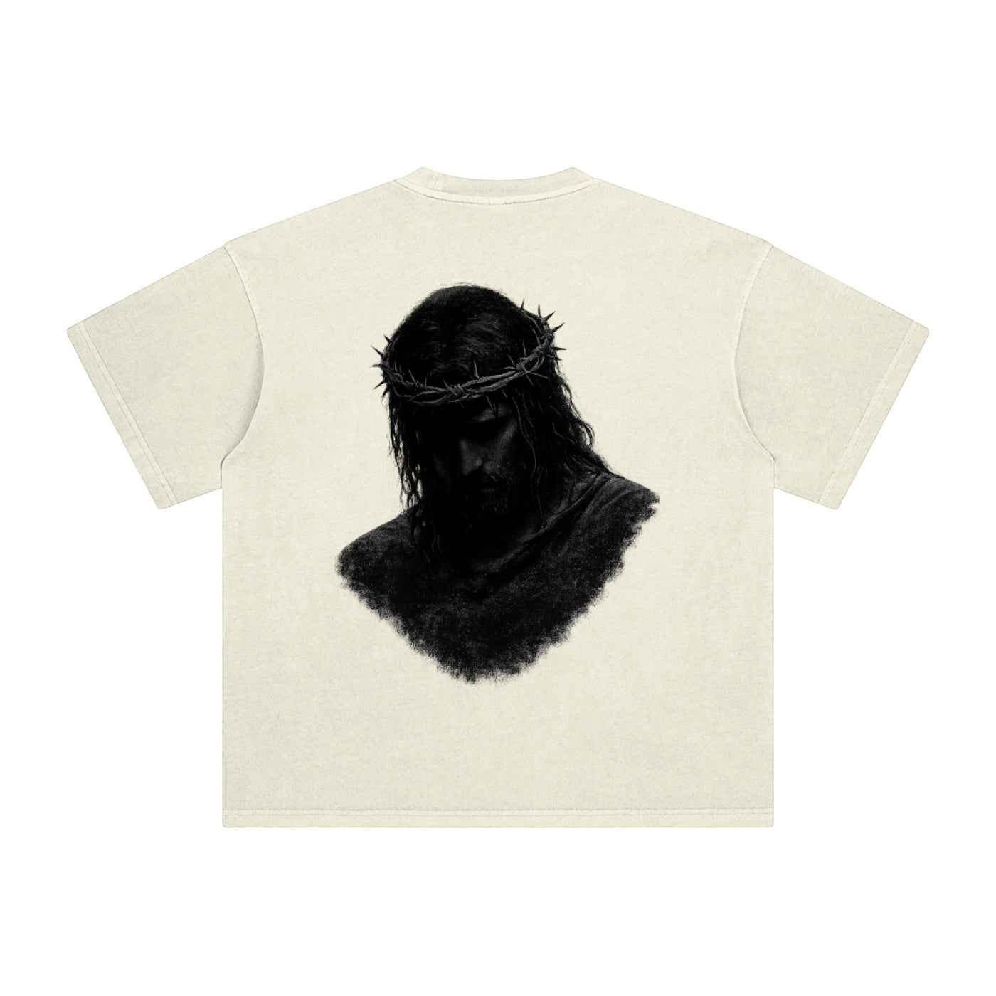 Foundation oversized cream cotton t-shirt with a graphic of Jesus wearing a crown of thorns on the back.