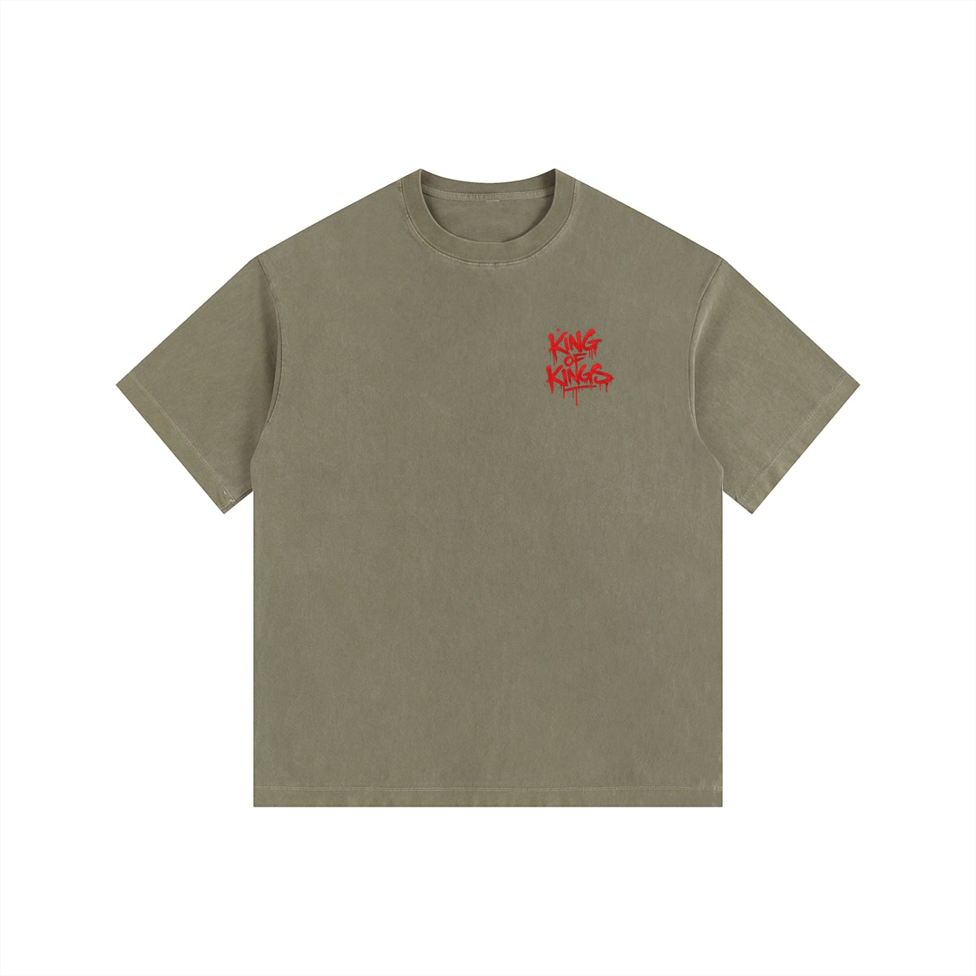 Foundation oversized washed olive green t-shirt with red "King of Kings" graphic on front.