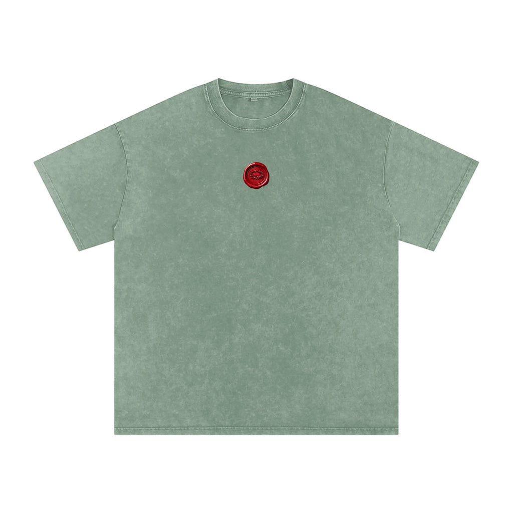 Foundation sealed oversized t-shirt in sage green vintage wash cotton with a red wax seal graphic on the chest.