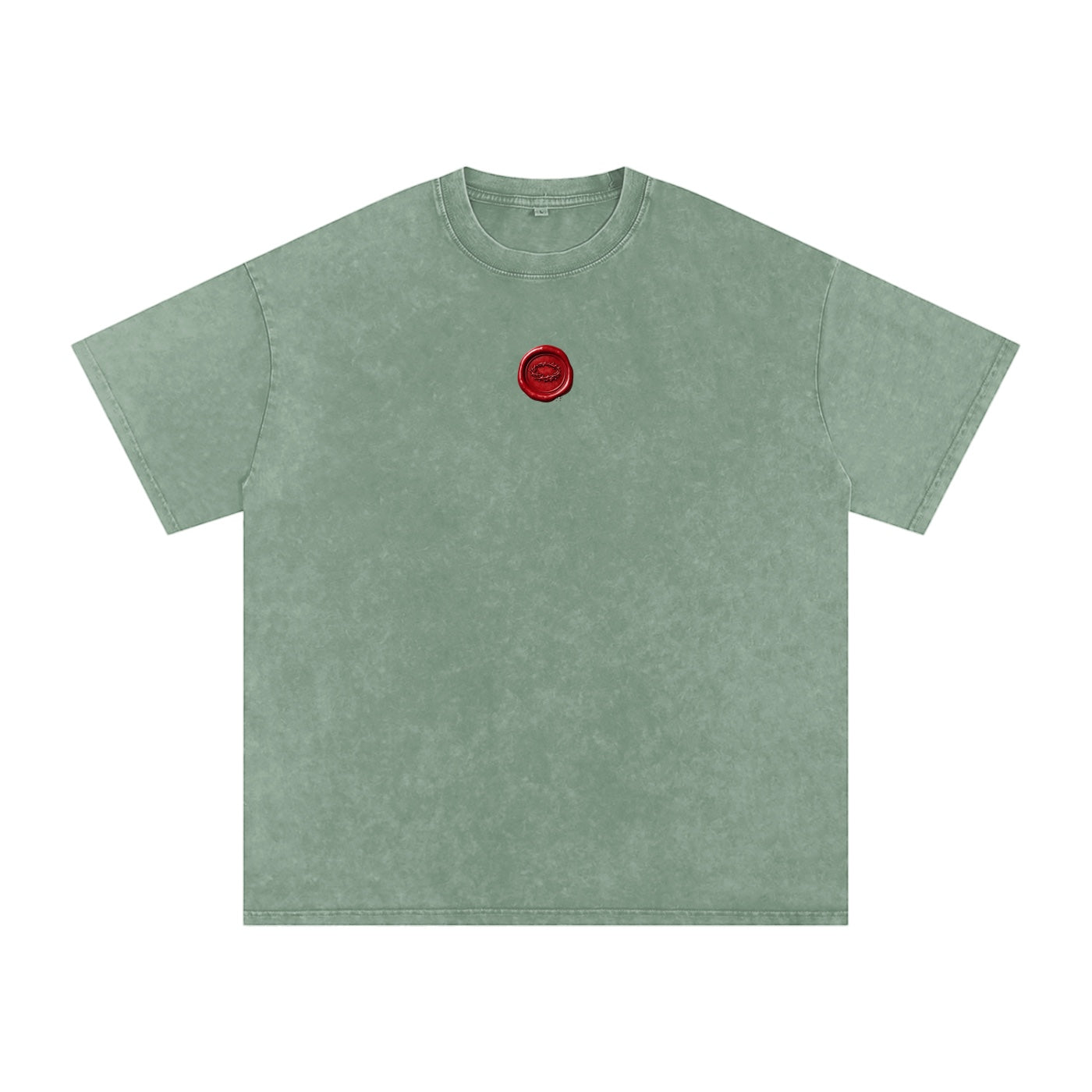 Foundation sealed oversized t-shirt in sage green vintage wash cotton with a red wax seal graphic on the chest.