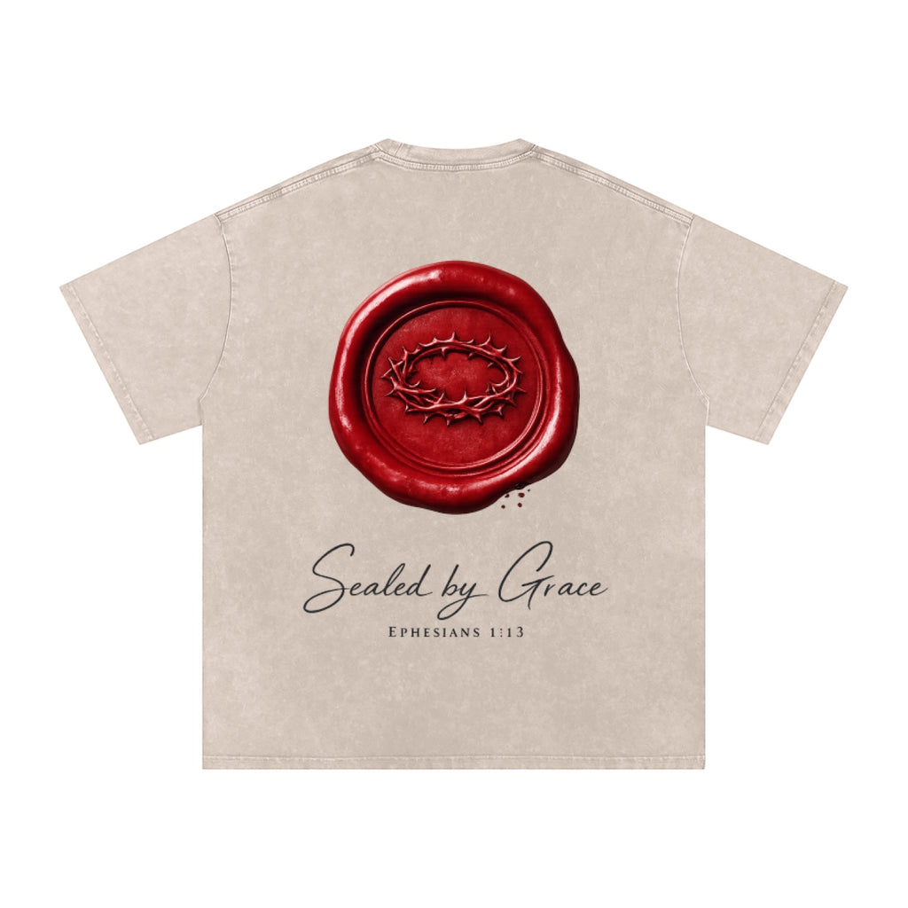 Foundation oversized t-shirt in beige with a red wax seal graphic featuring a crown of thorns and text 'Sealed by Grace Ephesians 1:13'.