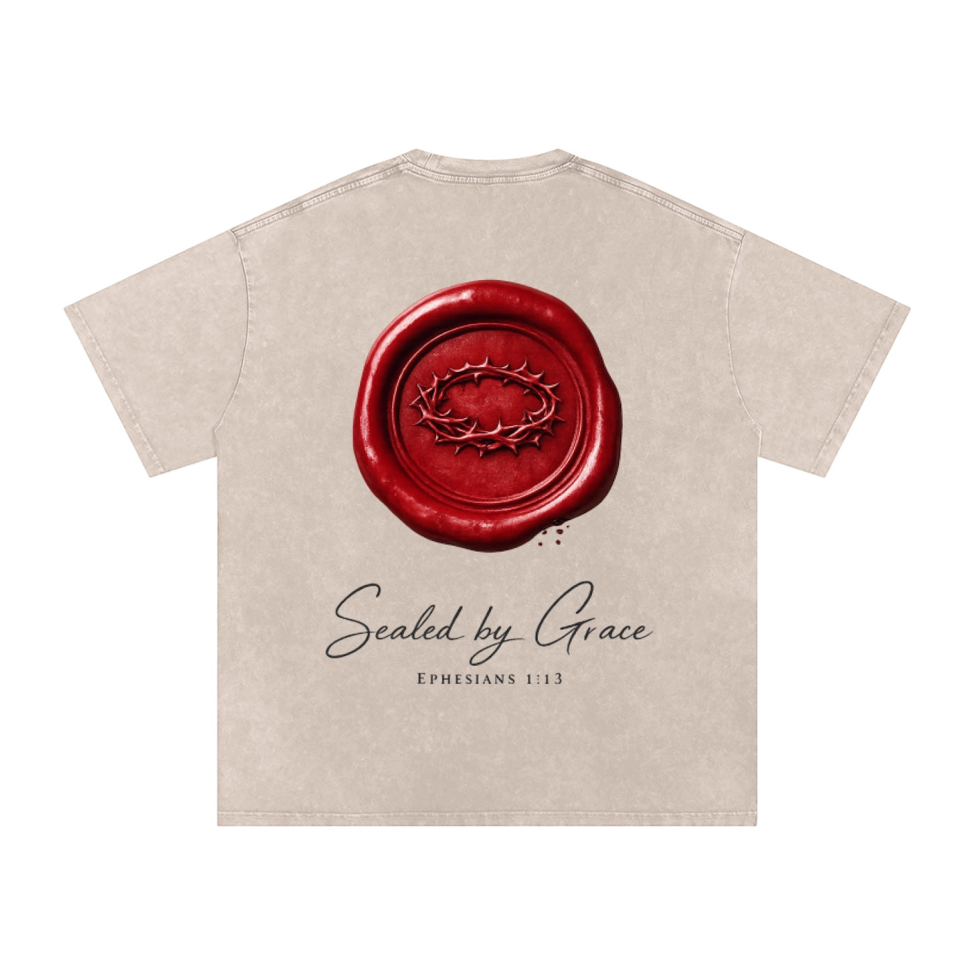 Foundation oversized t-shirt in beige with a red wax seal graphic featuring a crown of thorns and text 'Sealed by Grace Ephesians 1:13'.