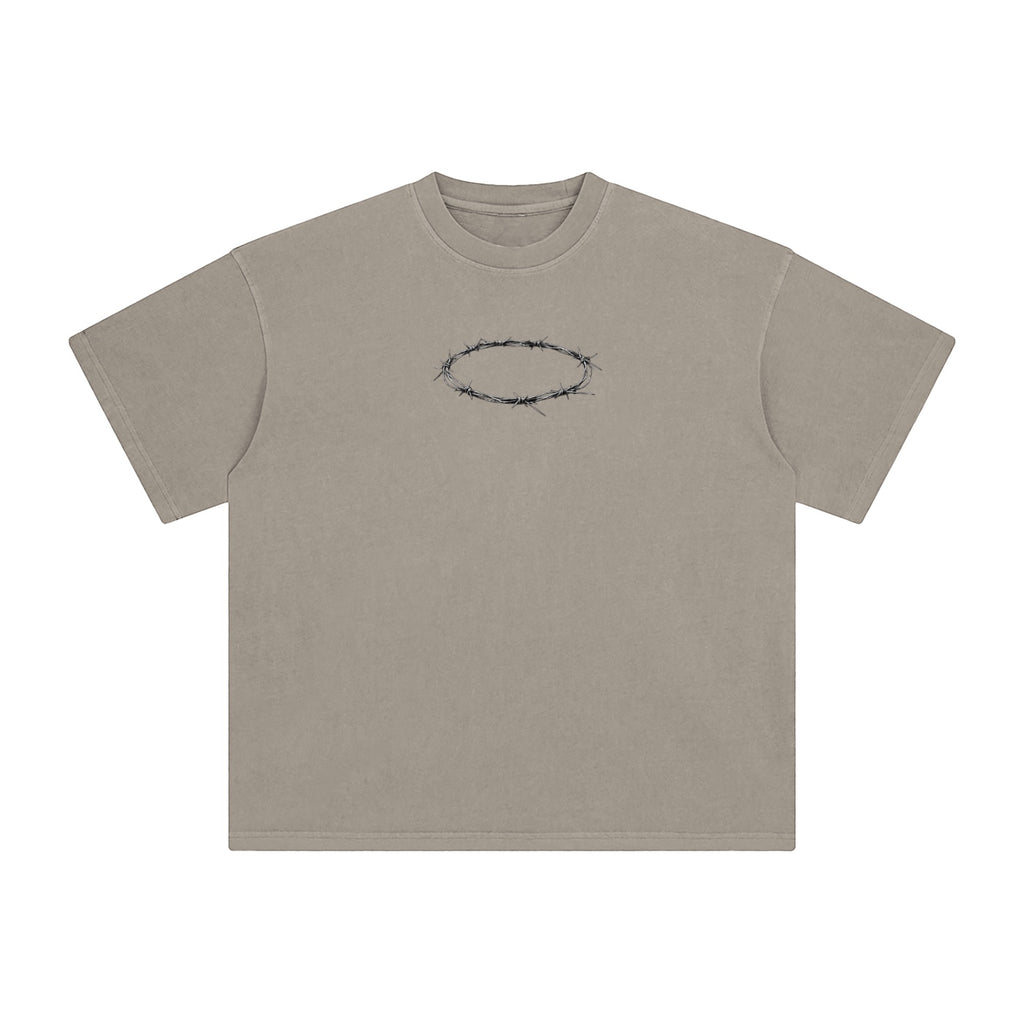 Foundation oversized taupe cotton t-shirt with a barbed wire crown graphic on the chest.