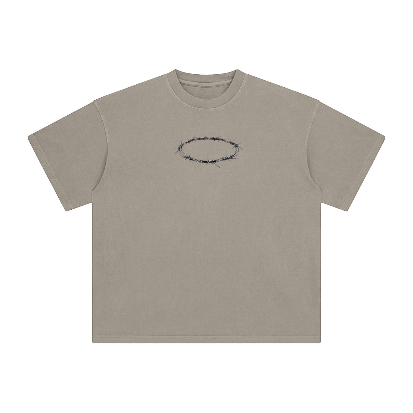 Foundation oversized taupe cotton t-shirt with a barbed wire crown graphic on the chest.
