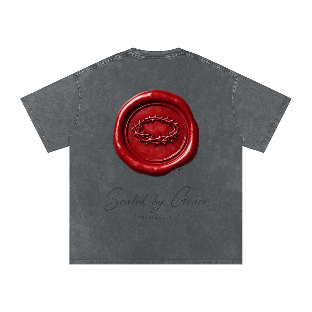 Foundation oversized charcoal wash t-shirt with a red wax seal graphic featuring a crown of thorns and "Sealed by Grace" text.